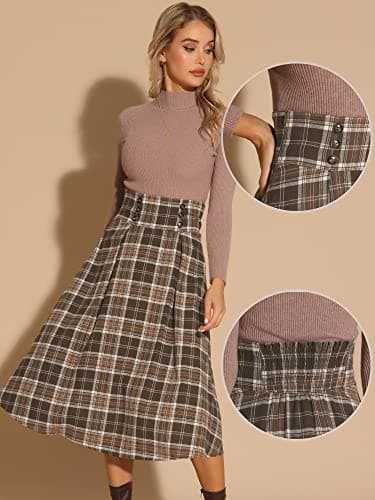 Allegra K Women's High Elastic Waist Tartan Midi Skirt