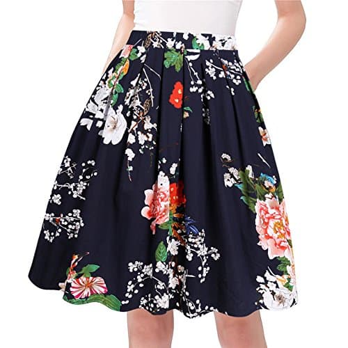 Taydey Vintage Pleated A-Line Skirts for Women — Navy Flower