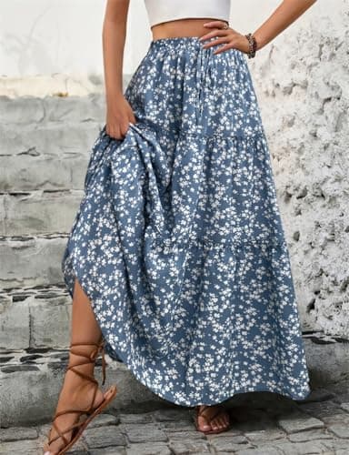 IDEALSANXUN Women's 2024 Summer Boho Elastic High Waisted Tiered Maxi Skirt