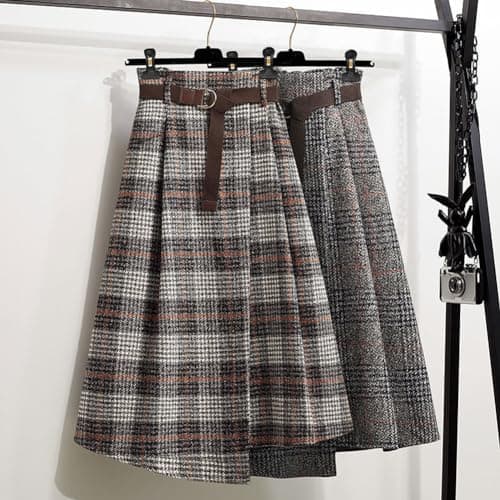 Chouyatou Women's Vintage Plaid Houndstooth Midi Skirt with Belt
