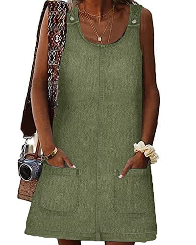 BZB Women's Casual Sleeveless Denim Overall Dress with Pockets — Army Green