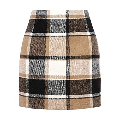 Elastic Waist Zipper Pencil Skirt: Vintage Women's Plaid Mini Above Knee Short Skirts