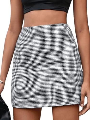 MakeMeChic Women's High Waist Houndstooth Mini Zipper Bodycon Skirt — Black and White