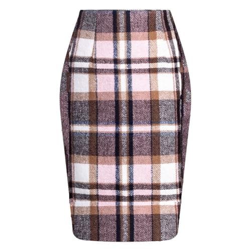Womens High Waist Plaid Wool Bodycon Mini Skirt Slit — Pink Grid