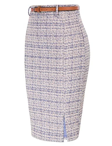 Women's Tweed Pencil Skirt with Slit and Belt