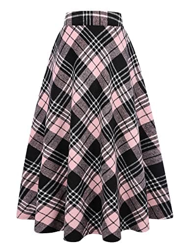 Women's Long Plaid Wool Skirt for Winter: High Waisted A-line Flare — Pink 02
