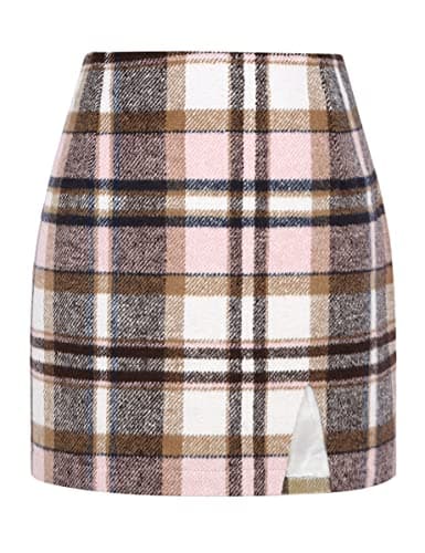 High Waisted Wool Plaid Mini Skirt with Slit for Women by IDEALSANXUN — Pink