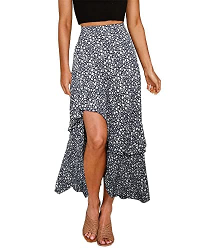 BTFBM Women's 2025 Summer Floral Print Elastic Waist High-Low Boho Maxi Skirt — Z-navy