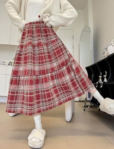 IDEALSANXUN Wool Plaid High Waist Midi Skirt for Women