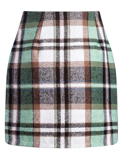EachWell Women's High-Waist Plaid Wool Bodycon Mini Skirt — Light Green