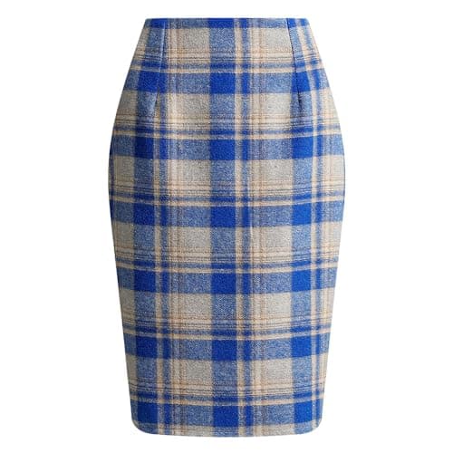 Womens High Waist Plaid Wool Bodycon Mini Skirt Slit — Blue Grid
