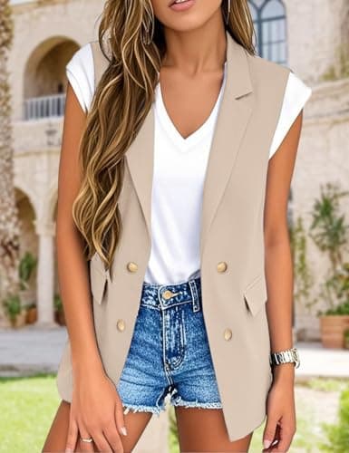 IDEALSANXUN Women's Double Breasted Sleeveless Blazer Jacket