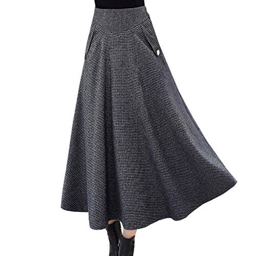 High Waist Plaid Wool Maxi Skirt for Women - A-Line Flared Style — Grey Plaid