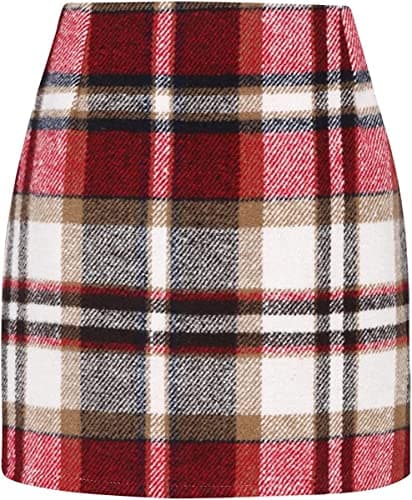 Women's High Waist Plaid Mini Wool Pencil Skirt — Red Grid