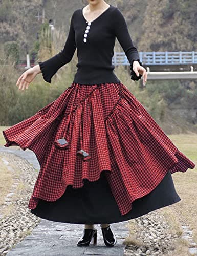 Womens Elastic Waist Retro Maxi Pleated Long Skirt