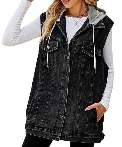 PAODIKUAI Women's Oversized Distressed Denim Vest Jackets — A2-black With Hood