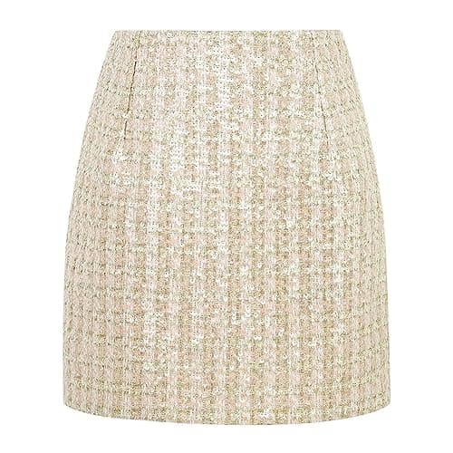 Women's Plaid Wool Mini Skirt for Fall and Winter — Tweed Sequin Apricot