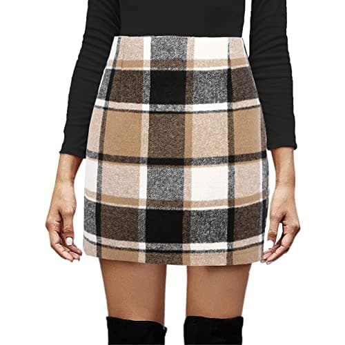 SSPalu High Waisted Plaid Mini Skirts for Women Winter Bodycon — Dark Khaki