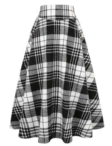 Women's High Waisted Wool Plaid A-line Skirt for Fall/Winter — Plaid Black White