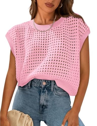 IDEALSANXUN Women's Crochet Sweater Vest Shorts Casual Pullover Tank Tops — Pink
