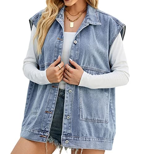 PAODIKUAI Women's Oversized Distressed Denim Vest Jackets