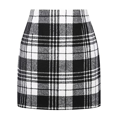 Women's Plaid Wool Mini Skirt for Fall and Winter — Black White