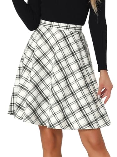 Women's Plaid Elastic Waist Knee Length Skirt — White