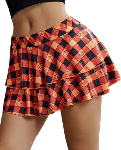 Avidlove Women's Pleated Mini Skirt with Solid Ruffle Lingerie Skirts — Orange Plaid