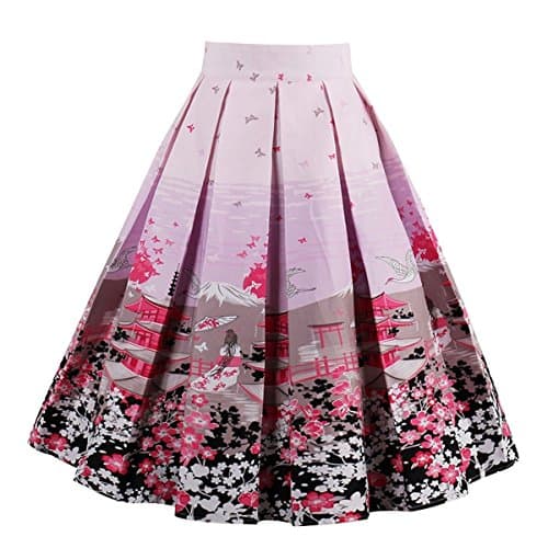 OBBUE Vintage Floral A-line Printed Midi Skirt with Pockets — Sakura