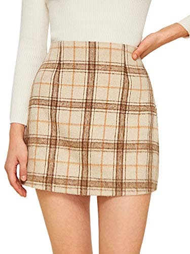 MakeMeChic Women's High Waisted Plaid Pencil Mini Skirt — D Beige Brown