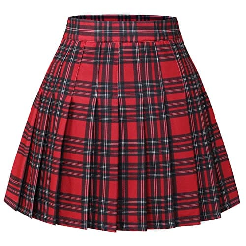 Pleated Skirts for Women: High Waist Mini Skater Tennis A-line Cheerleader — Red Black Plaid