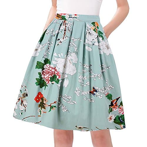Taydey Vintage Pleated A-Line Skirts for Women — A1 Green Flower