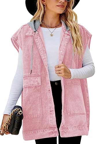 PAODIKUAI Women's Oversized Distressed Denim Vest Jackets — A-pink With Hood