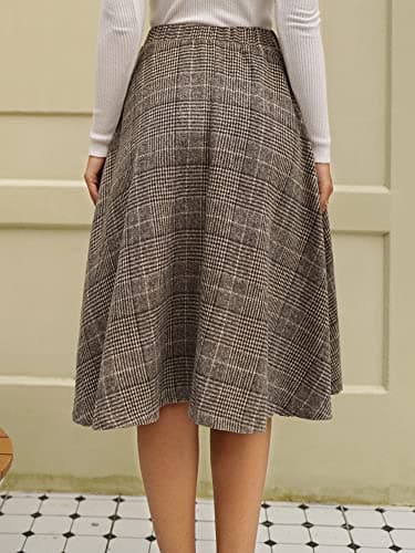 ZAFUL Women's Winter Plaid A-Line Midi Skirt with Pockets