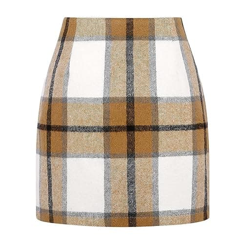 Women's Plaid Wool Mini Skirt for Fall and Winter — Camel