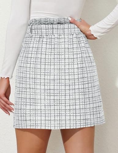 KANCY Women's Casual High Waist Plaid Tweed A-Line Mini Skirt with Pockets
