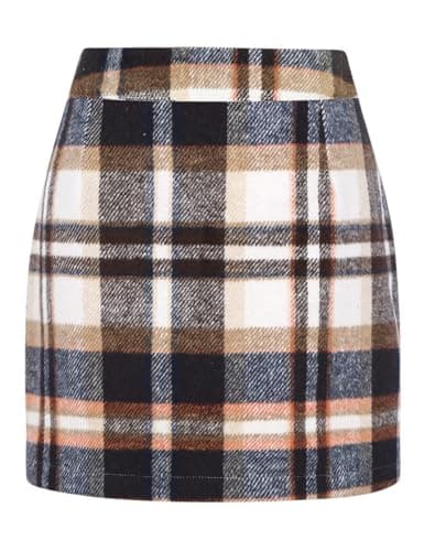 Women's Wool Plaid Mini Skirt with Elastic Waist for Fall and Winter — Brown