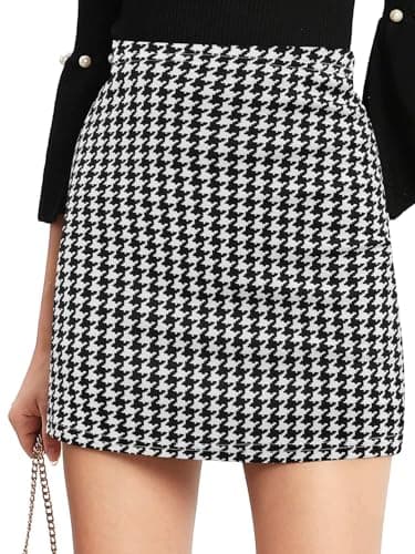 Floerns Women's Plaid High Waist Mini Skirt — Black White Houndstooth