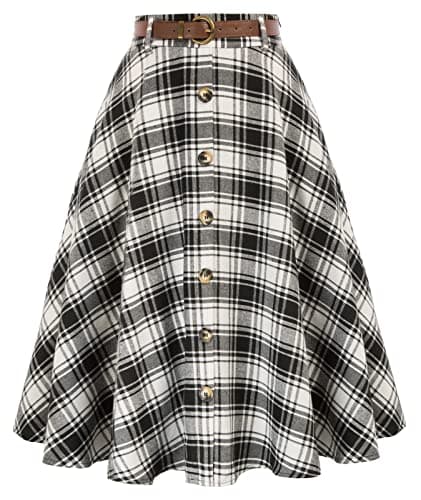 Belle Poque Women's Vintage Pleated Flared Midi Skirt with Pockets & Belt — Black White