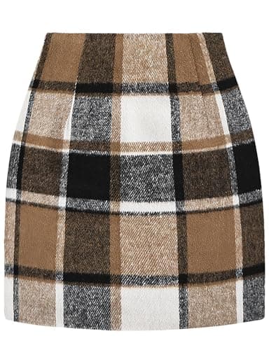 Trendy AURUZA High Waist Plaid Mini Skirts for Women Christmas Fall Winter — Brown