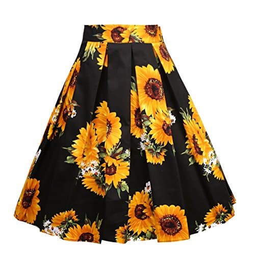 OBBUE Vintage Floral A-line Printed Midi Skirt with Pockets — Sun Flower