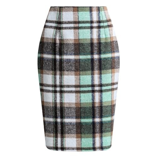 Womens High Waist Plaid Wool Bodycon Mini Skirt Slit — Light Green Grid