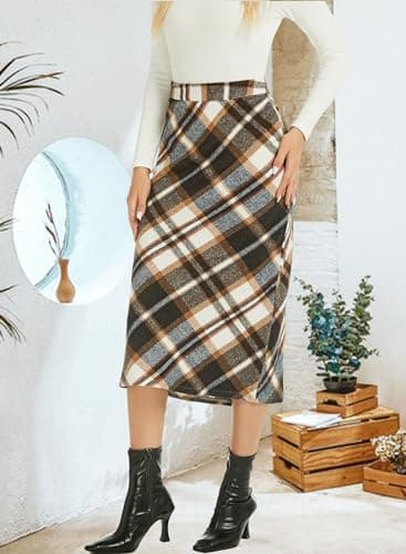 RANPHEE Womens Vintage Flannel Plaid Midi Skirt