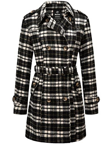 Women's Double Breasted Winter Trench Coat with Belt by Wantdo — Black Plaid