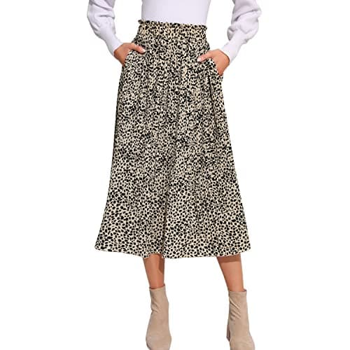 EXLURA Women's High Waist Pleated Polka Dot Maxi Midi Skirt with Pockets — Apricot-leopard