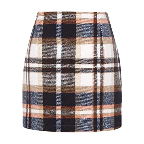 Yuemengxuan Women's Wool Plaid High Waist A-line Skirt — Mini Length Brown