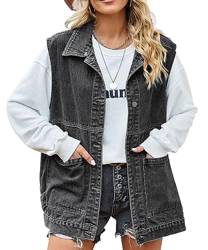 PAODIKUAI Women's Oversized Distressed Denim Vest Jackets — A5-black