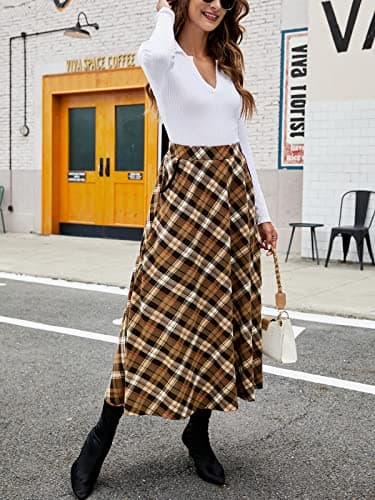 HUSKARY Classic High-Elastic Waist Plaid Midi Skirt for Women