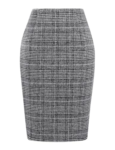 Womens Plaid Wool Pencil Skirt for Fall and Winter — Grid Black