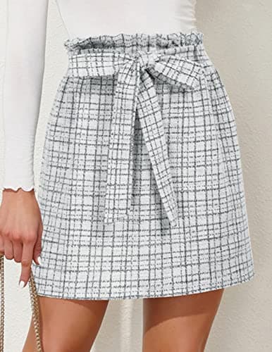 KANCY Women's Casual High Waist Plaid Tweed A-Line Mini Skirt with Pockets